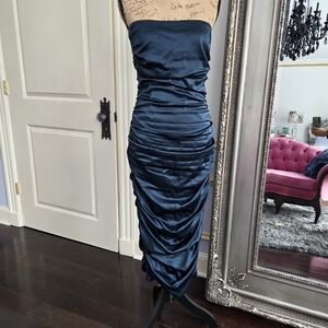 Veronica Beard Strapless Satin Dress in Deep Blue